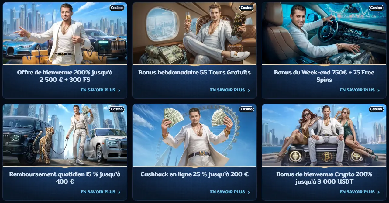 Promotions notre casino — offre de bienvenue 200 % jusqu’à 2 500 € + 300 FS, bonus hebdomadaire, week-end, remboursement quotidien, cashback et bonus crypto